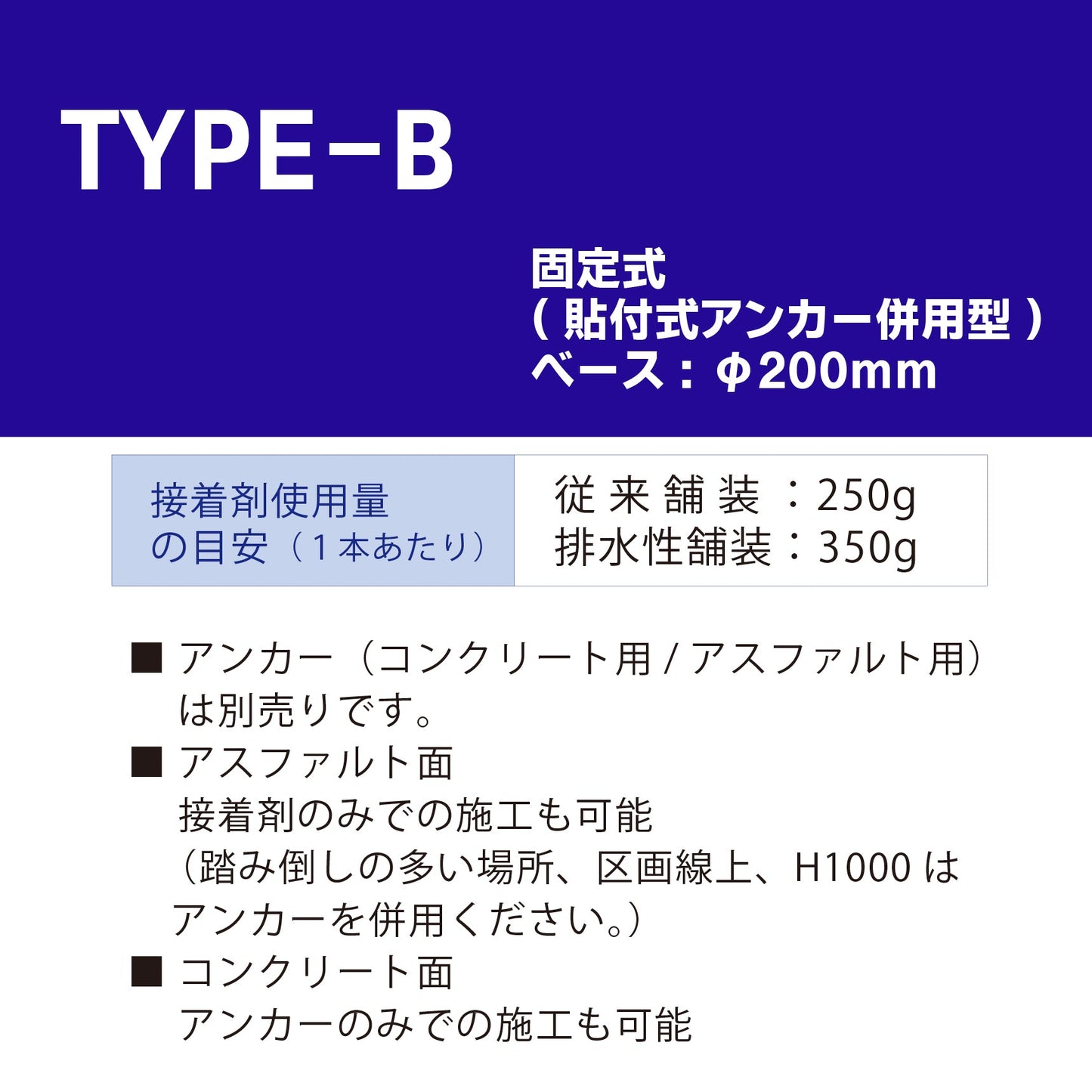 ロードポスト Bタイプ 固定式200台座(貼付式アンカー併用型) 高さ400mm~1000mm RPB