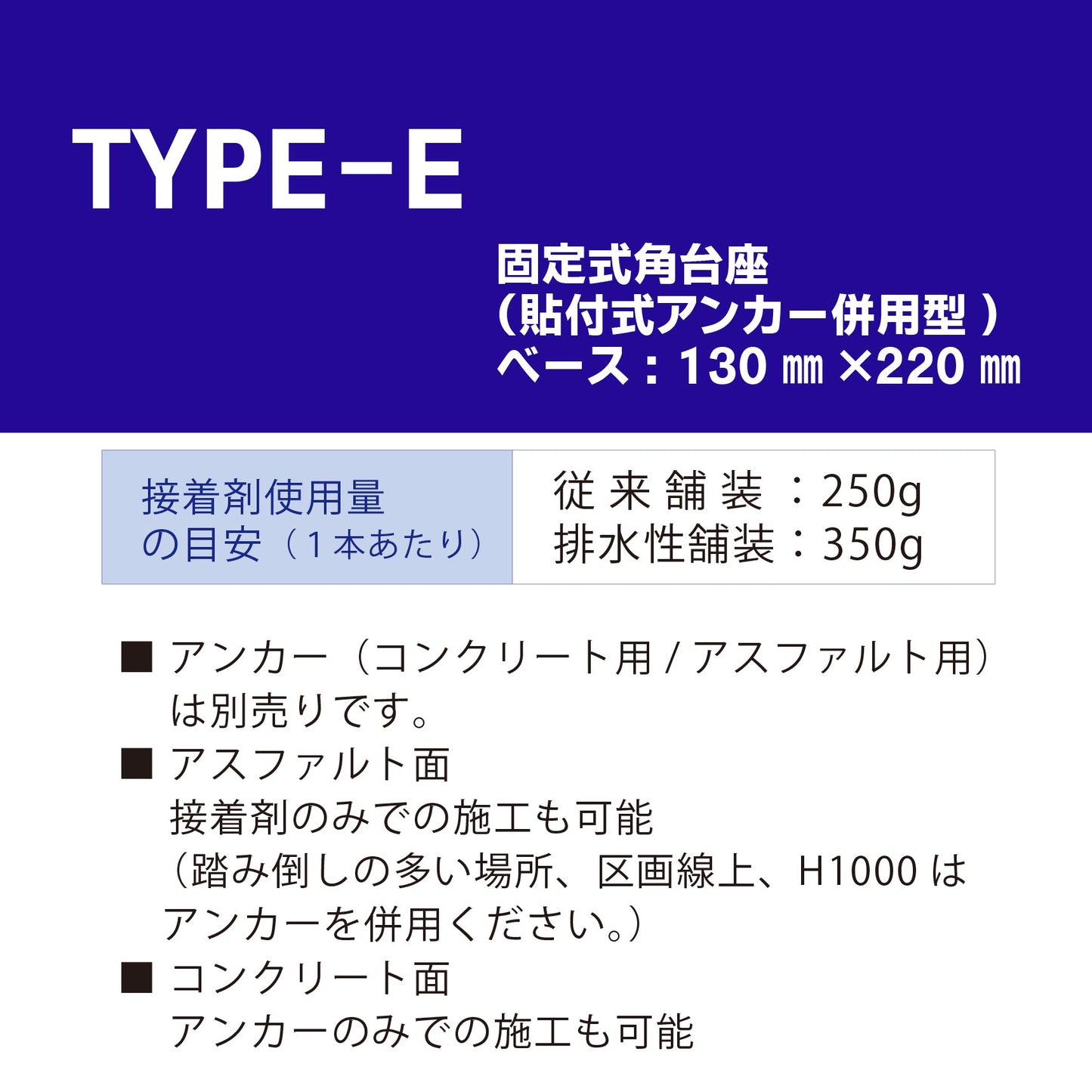 ロードポスト Eタイプ 固定式角台座（貼付式アンカー併用型）高さ400mm～1000mm RPE