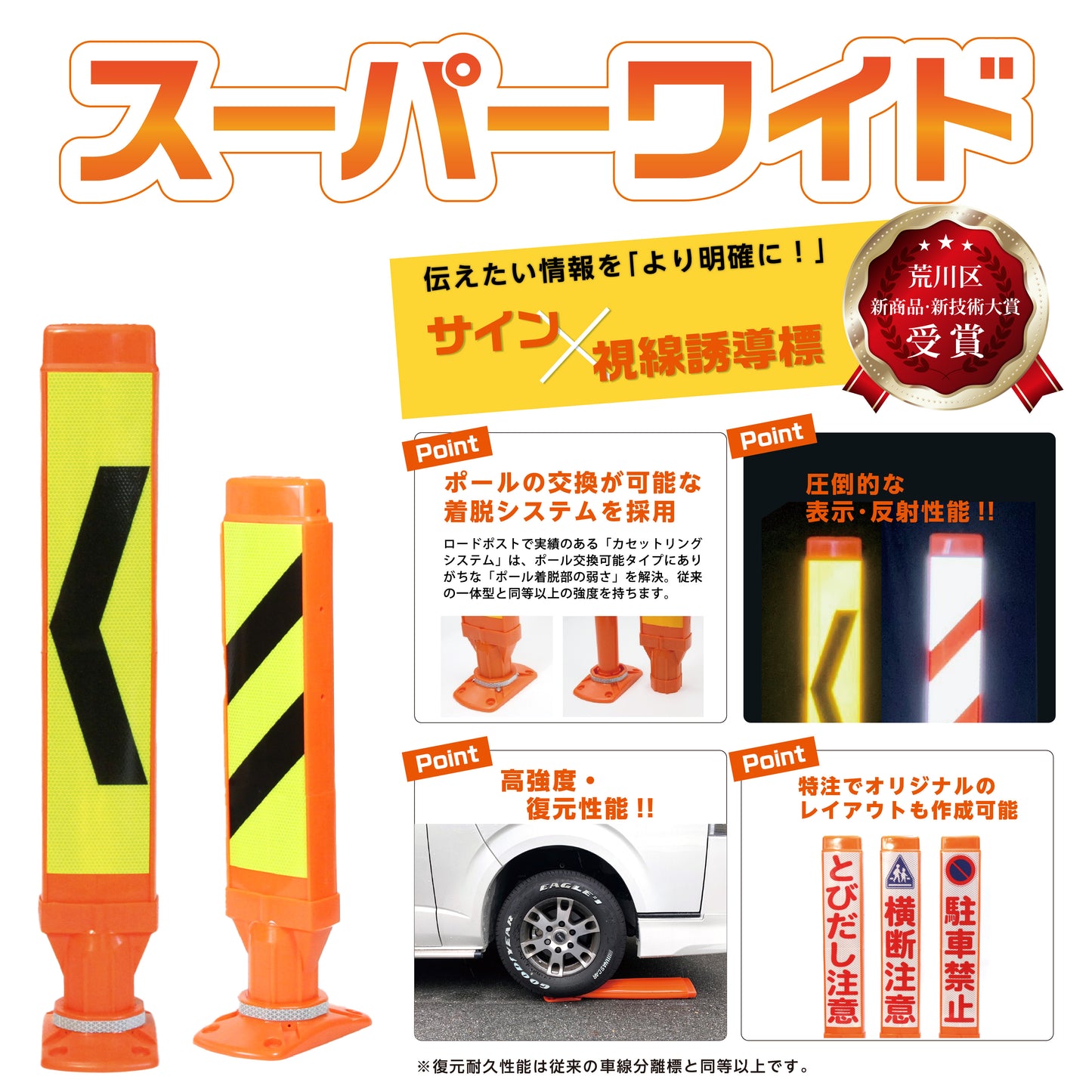 スーパーワイド タイプA 固定式 250台座 (貼付式接着型) RPSWA ホワイト/蛍光イエロー【法人送料無料】
