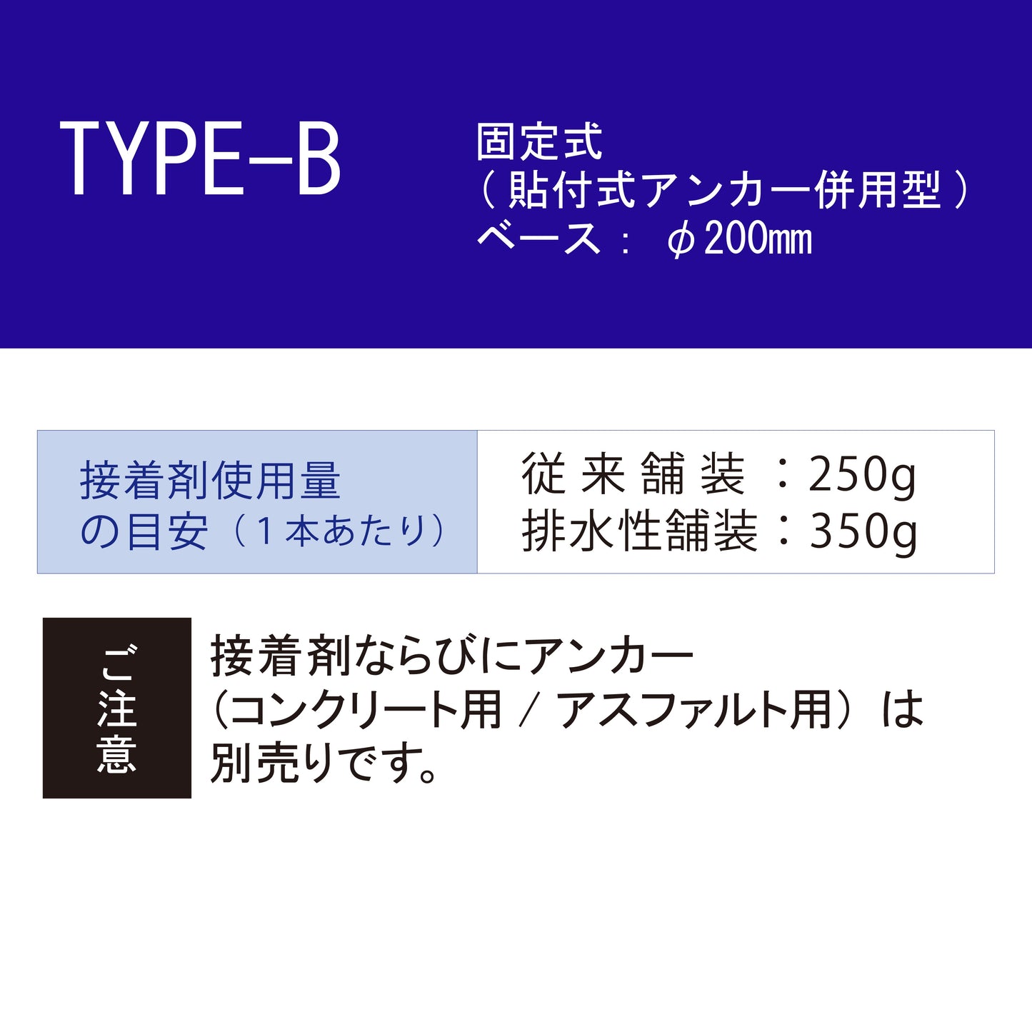 スーパーワイド Bタイプ 固定式200台座（貼付式アンカー併用型） RPSWB ホワイト/蛍光イエロー